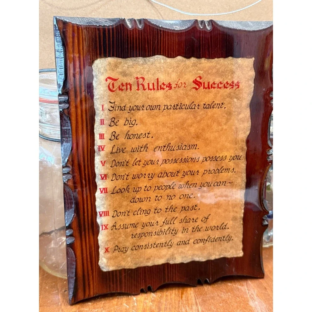 Vintage 1977 Ten Rules for Success Wood Plaque Decoupage Wall Art 9x7